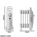 Compact white oil heater, 37.5cm tall, 24cm wide, and 14cm deep. Features adjustable dial and power button. Weight displayed: 2.5kg.