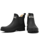 A pair of black Barbour ankle-length wellington boots with fleece lining and elasticated gussets on a white background.
