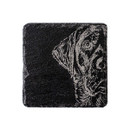 A dark grey, square, slate coaster with a laser engraved designed of a Labrador.