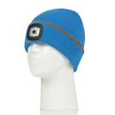 A blue beanie hat with an LED light at the front.