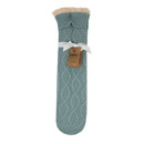 A front facing view of a teal coloured slipper sock with a bow wrapped around it.