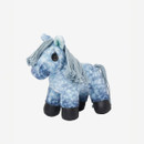 Blue plush horse toy with a tie-dye pattern and long, fringed mane stands on a white background. It has a gentle expression and black hooves.