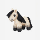 A plush horse toy with cream fur, black mane, and tail stands on a white background. Its hooves are dark, and it has a cute, endearing appearance.