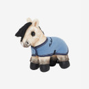 Plush toy horse with a beige body, black mane, and tail. It wears a blue jacket, exuding a playful and cute appearance against a white background.