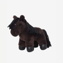 A soft, plush toy horse in dark brown with black yarn mane and tail, standing on four legs against a white background, conveying a cute and cuddly feel.