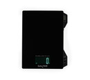 Black digital kitchen scale with illuminated display showing zero weight, isolated on white background.