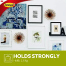 A variety of framed pictures and decorative items hung on a wall, with text "HOLD STRONGLY Holds 1.8 kg".