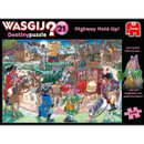 Illustration of a colourful, cartoonish highway robbery scene for a "WASGIJ Destiny 21" jigsaw puzzle box.