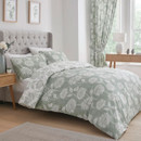 A green duvet set with white chrysanthemum florals.