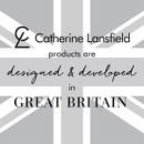 Graphic stating "Catherine Lansfield products are designed & developed in GREAT BRITAIN" with a monochrome design.
