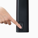 A close up view of the dark grey knife block.