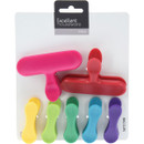 A pack of 7 multicoloured food sealing clips in their packaging.