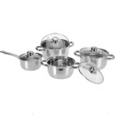 A set of four stainless steel pots.