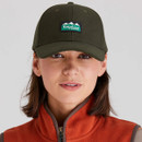 A woman wearing an olive green Ridgeline cap with a curved brim and logo patch, paired with an orange fleece vest.