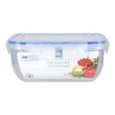 A plastic food storage container with a clip on lid.