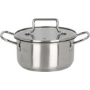A silver stainless steel casserole pot.