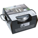 A silver stainless steel casserole pot in its packaging.