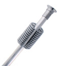 A chrome shower pole and curtain hooks