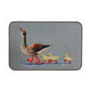 A mother duck with brown feathers leads three yellow ducklings, all wearing red boots, against a light gray background. The scene is playful and whimsical.