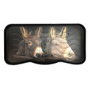 Illustration of two donkeys on a sunshade, set against a dark background. The donkeys appear calm, with soft lighting and curved wave patterns.