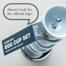 Stack of blue egg cups with tag "Always look for the official logo..." and "melamine EGG CUP SET" text.