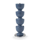 A set of blue egg cups stacked on a chrome stand, isolated on a white background.