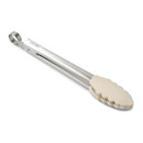 Stainless steel kitchen tongs with silicone tips on a white background.