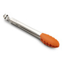 Stainless steel kitchen tongs with orange silicone grips.