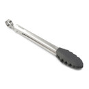 Stainless steel kitchen tongs with grey silicone tips on a white background.