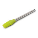 A stainless steel kitchen brush with a green silicone handle and bristles, isolated on a white background.