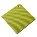 Lime green ridged silicone square hot mat trivet with a corner hanging hole, isolated on white background.