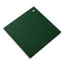 A green ridged silicone square hot mat trivet with a hanging hole, isolated on a white background.