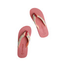 Pair of women's pink flip flops on a white background