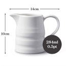 White porcelain churn jug with dimensions: height 10cm, width 14cm, volume 284ml/0.5pt.