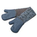 A pair of blue oven gloves with typographic design on a white surface.