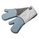 Pair of blue silicone oven gloves with grey and white gingham fabric cuffs.