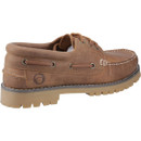 Brown leather boat shoe with white stitching and rubber sole on a white background.