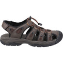 Brown outdoor sandal with a closed toe, black sole, and adjustable bungee lacing. The sandal has breathable mesh panels and a durable, rugged design.