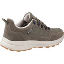 A green hiking shoe with a textured sole, black laces, and a rugged appearance, suggesting durability and outdoor use.