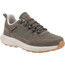 Olive green trainer with suede and mesh textures, features durable black lace loops, a white sole, and a light brown rubber toe. Outdoor, rugged style.