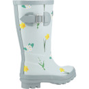 A single mint green coloured wellington boot with floral print and a buckle on the side.