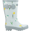 Mint green coloured wellington boot with floral pattern on a white background.