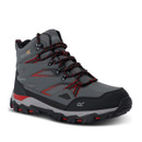 A grey walking boot with red accents