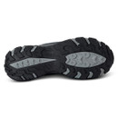 Underside of a navy walking shoe showing the black and grey rubber outsole with deep multi-directional tread.