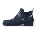 A navy ankle wellington boot with dog print A navy ankle wellington boot with dog print