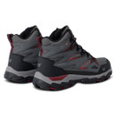 A pair of grey walking boots with red accents