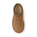 A single brown slip-on shoe with a wool lining and decorative stitching, viewed from above.