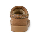 Rear view of a brown suede shoe with stitched detailing