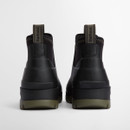 The back of a pair of short black wellington boots with a green sole and pull tabs.