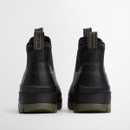 The back of a pair of short green wellington boots with a black and green sole and pull tabs.